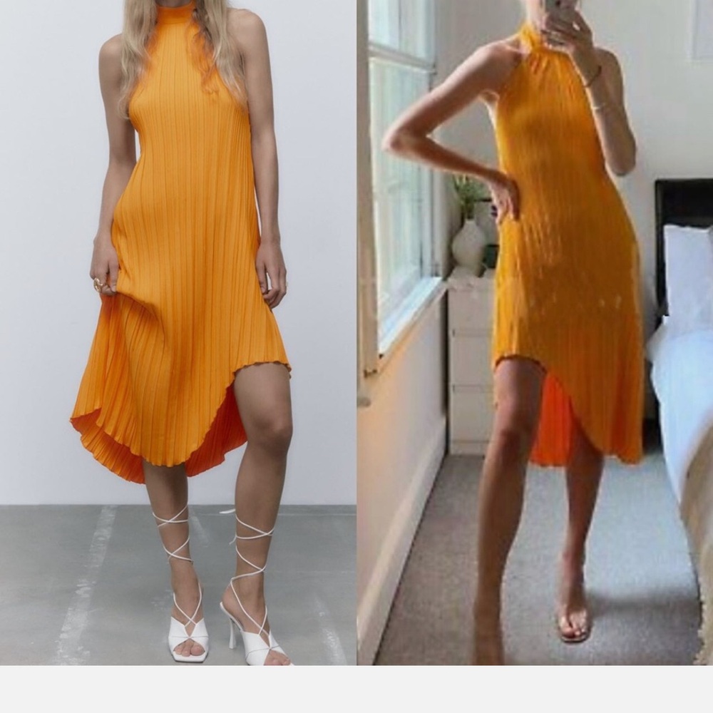 ZARA PLEATED HALTER DRESS TANGERINE , SIZE M - Picture 2 of 4